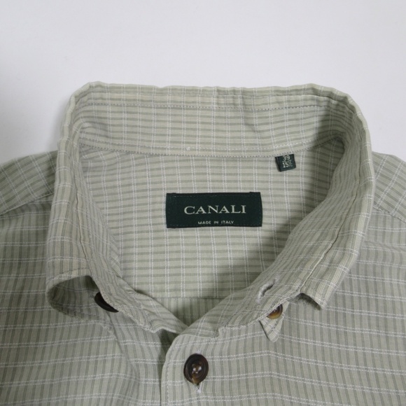 Canali Men's Lightweight Button Down Shirt Long Sleeve Olive White Size M - Picture 8 of 12